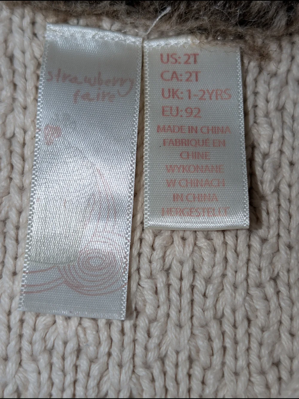 Strawberry Faire Cream Knit Peacoat with Faux Fur Collar 2T